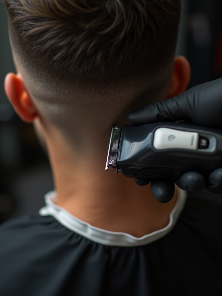Close-up of a barber blending a skin fade with clippers at Towns barbers