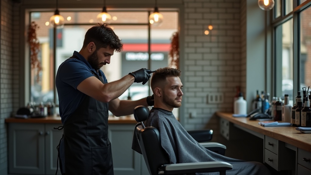 A barber giving a client a sharp skin fade inside Towns barbers in Preston