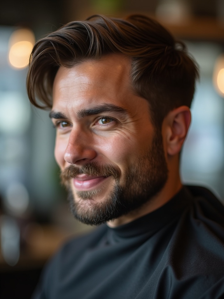 A man with a fresh haircut and neat beard trim after his appointment at Towns barbers