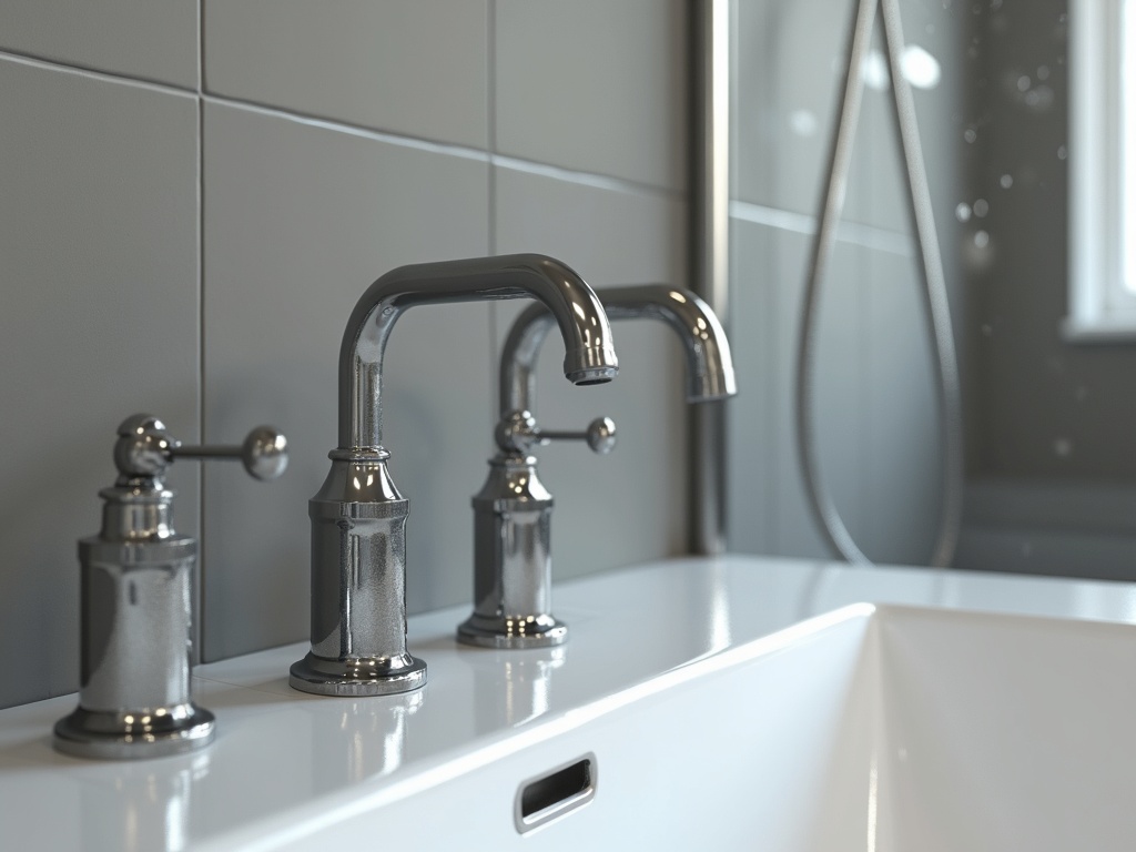 Newly installed chrome bathroom taps and fittings on a clean white basin