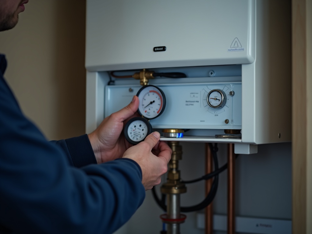 Gas engineer checking pressure gauges while servicing a wall-mounted combi boiler