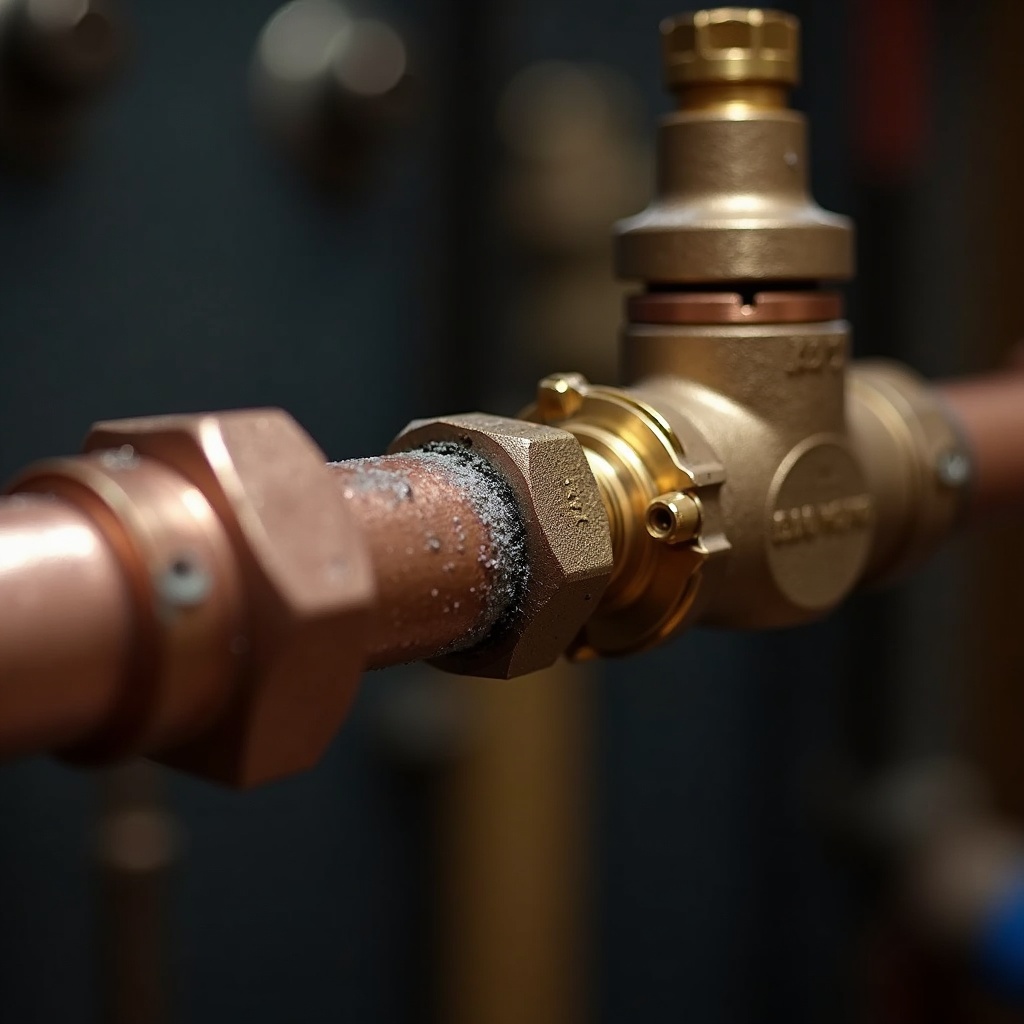 Close detail of soldered copper pipework and a brass isolation valve