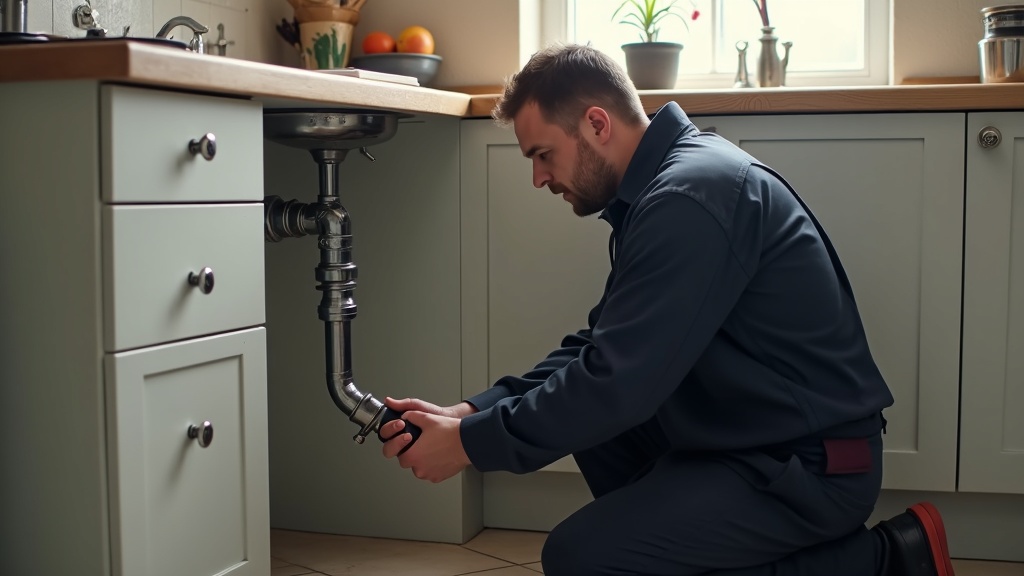 Preston plumber working on pipework beneath a kitchen sink