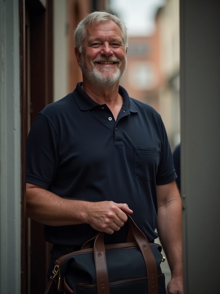 Friendly local Preston plumber standing in a doorway with a tool bag